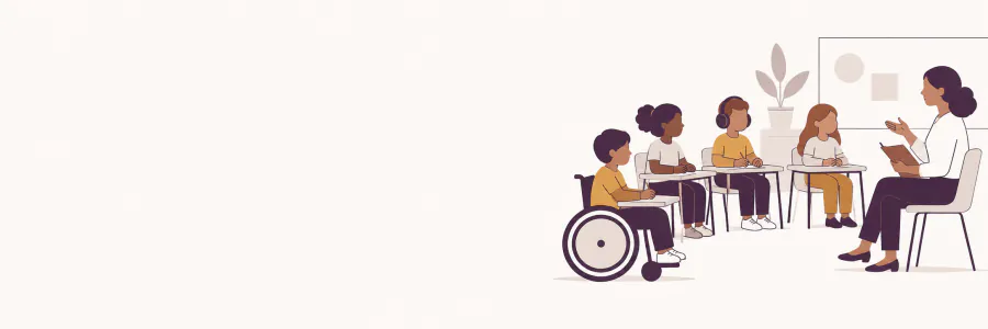Ilustração com livro aberto e porta, referência à escola inclusiva.